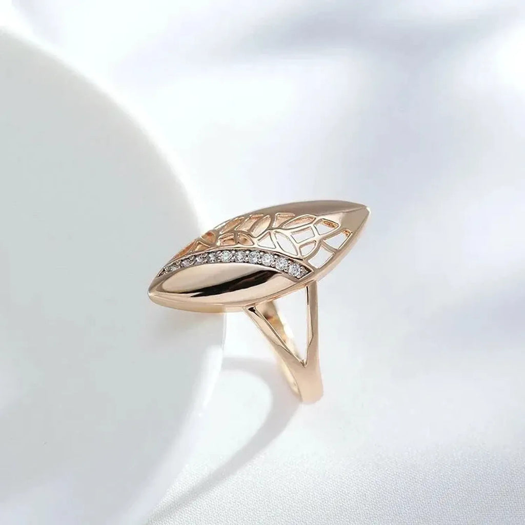 Vintage Rose Gold Leaf Marquise Statement Ring Hollow Zircon Elegant Women Party Wedding Fashion Jewelry