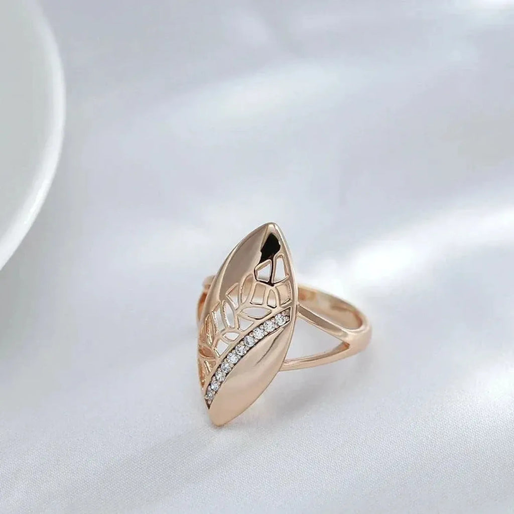 Vintage Rose Gold Leaf Marquise Statement Ring Hollow Zircon Elegant Women Party Wedding Fashion Jewelry
