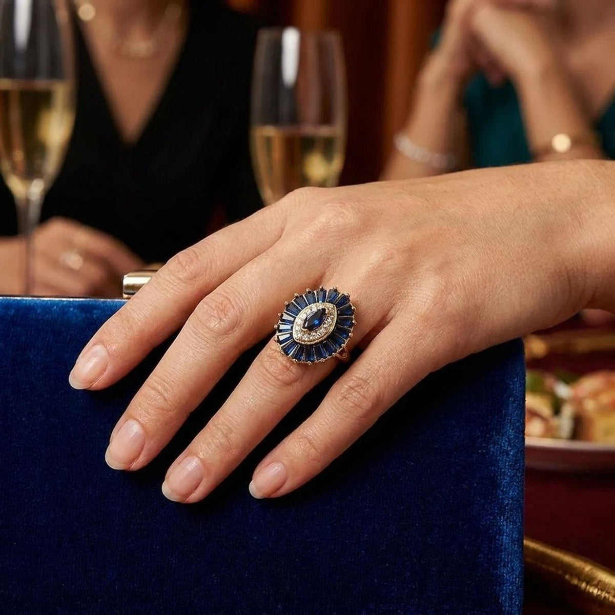 Vintage Sapphire Style Marquise Halo Ring in Gold-Tone Brass - Wedding Rings for Women — lifestyle