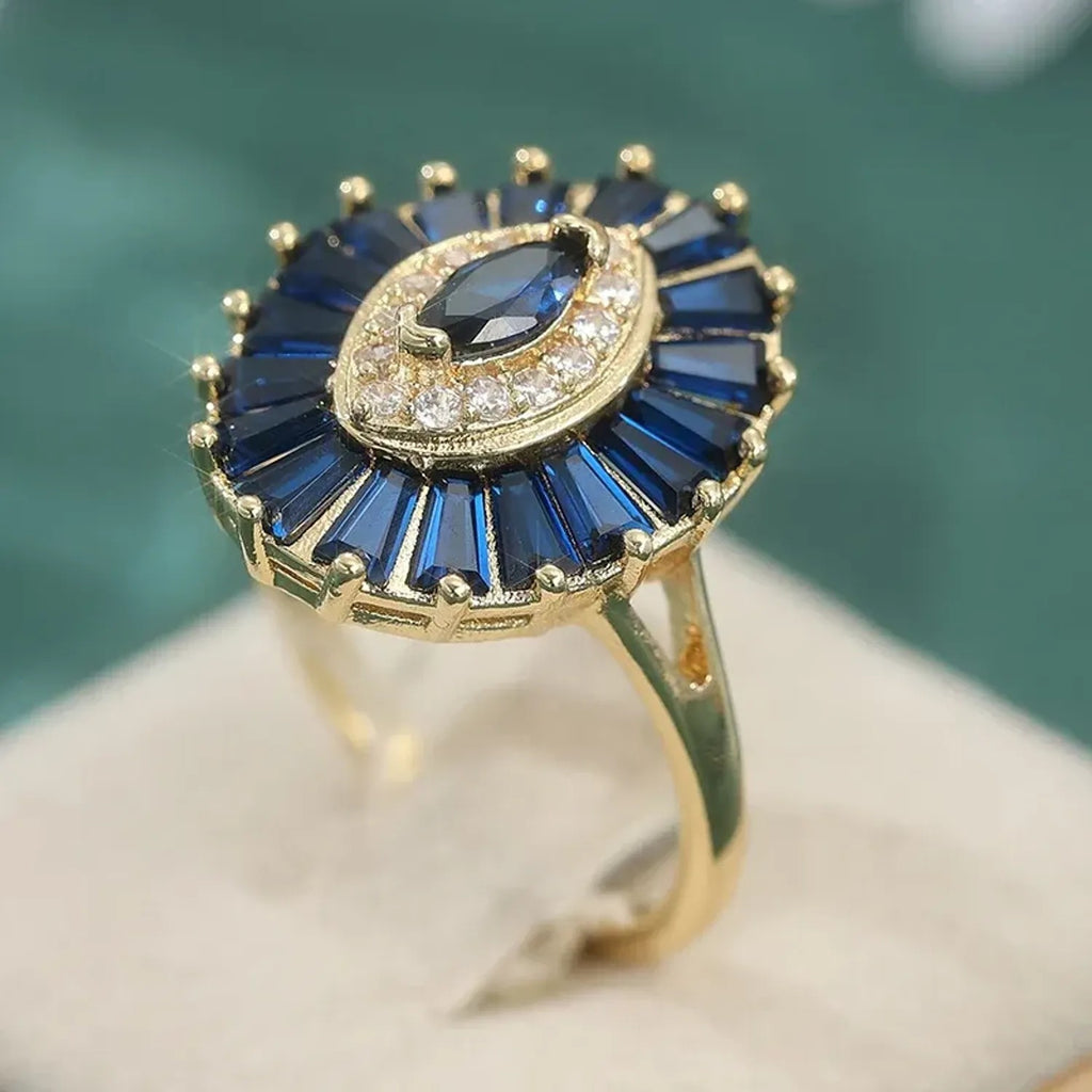Vintage Sapphire Style Statement Ring Gold Tone Brass Marquise Halo Elegant Women Cocktail Wedding Jewelry