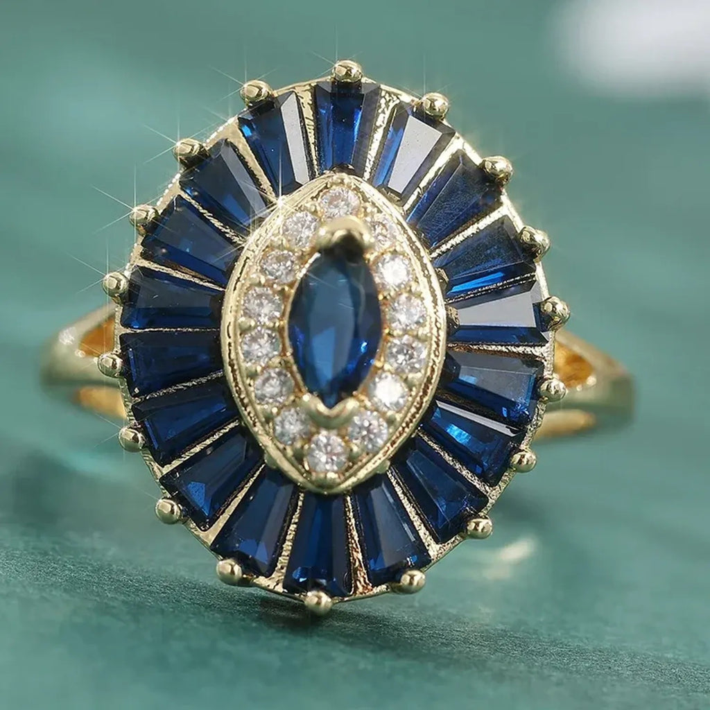 Vintage Sapphire Style Statement Ring Gold Tone Brass Marquise Halo Elegant Women Cocktail Wedding Jewelry