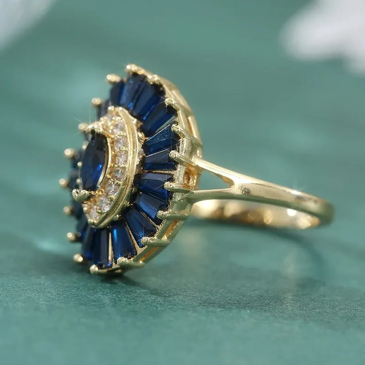 Vintage Sapphire Style Statement Ring Gold Tone Brass Marquise Halo Elegant Women Cocktail Wedding Jewelry