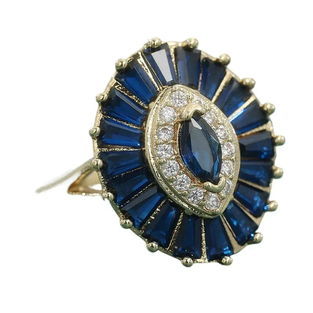 Vintage Sapphire Style Statement Ring Gold Tone Brass Marquise Halo Elegant Women Cocktail Wedding Jewelry