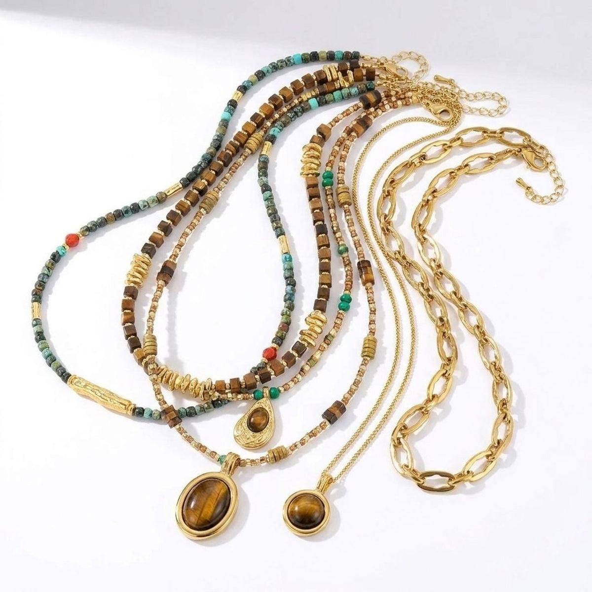 Vintage Tiger's Eye Beaded Necklace with Stainless Steel Pendant & Gold Jewelry Accents — all variants