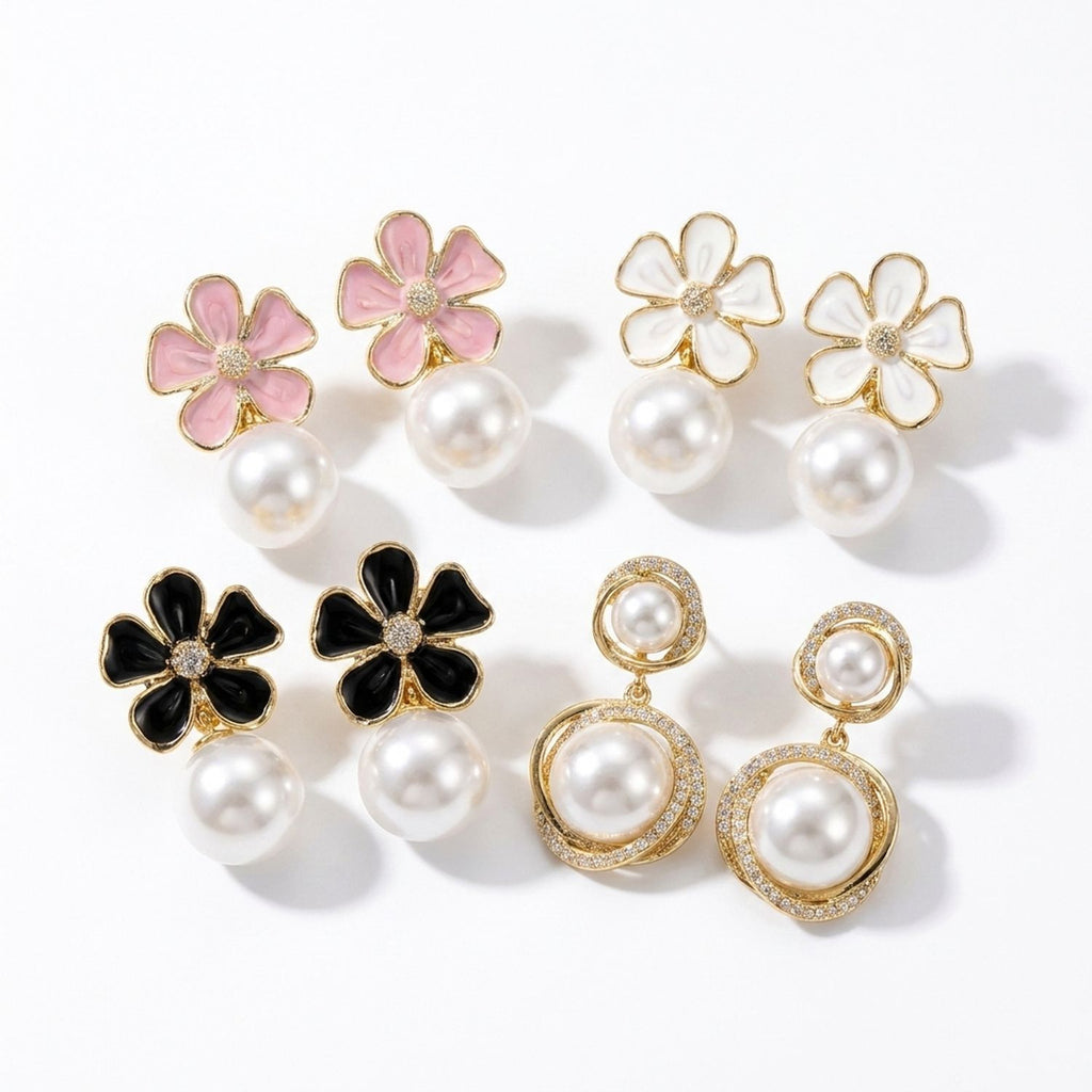 Vintage Wrapped Pearl Stud & Drop Earrings for Women, Plated Alloy & Titanium Pin — all variants