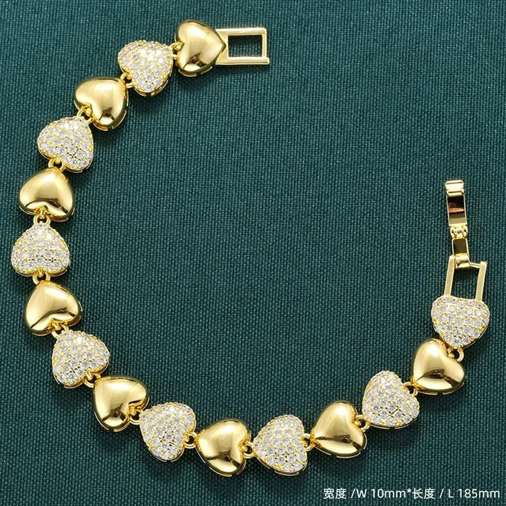 Women's Heart Patchwork CZ Jewelry Set - Gold & White Gold Plated Copper Necklace & Bracelet