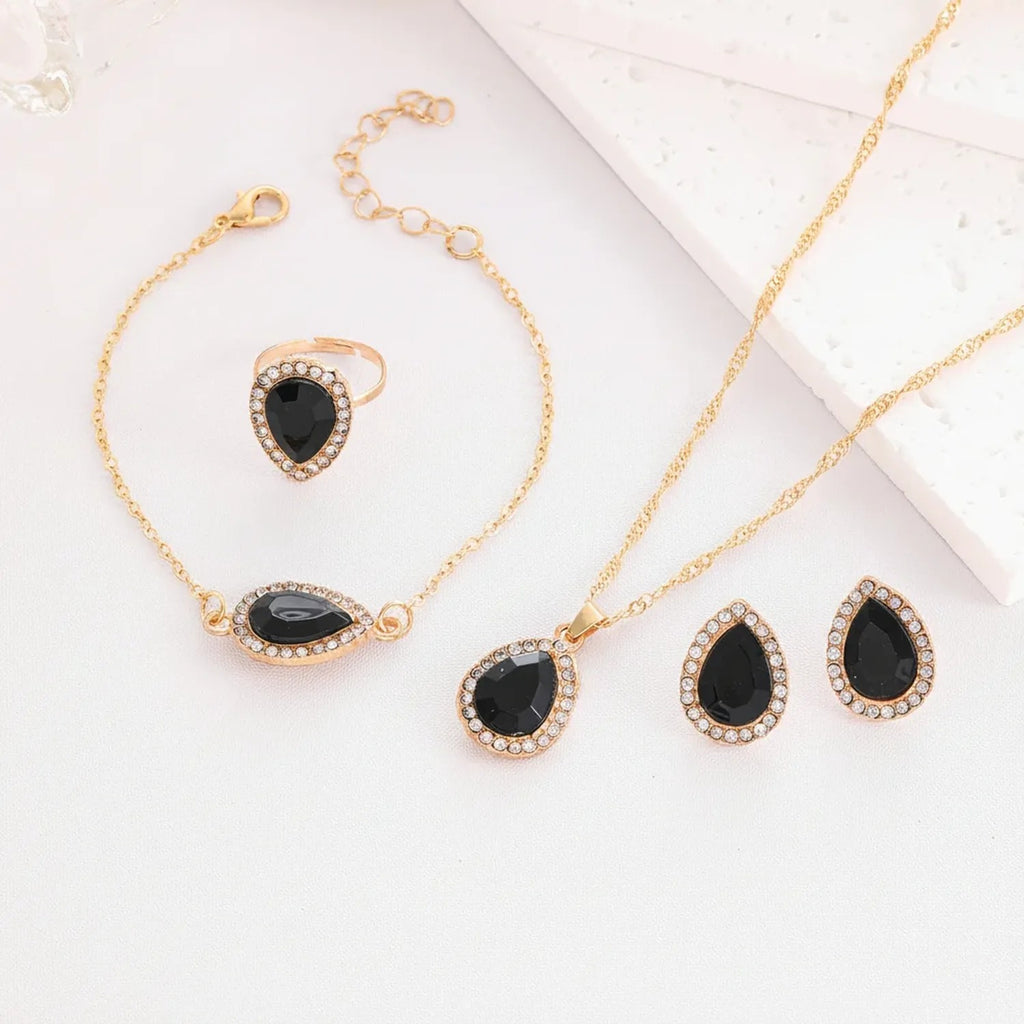 Water-Drop Rhinestone Bridal Necklace, Earrings & Ring Set