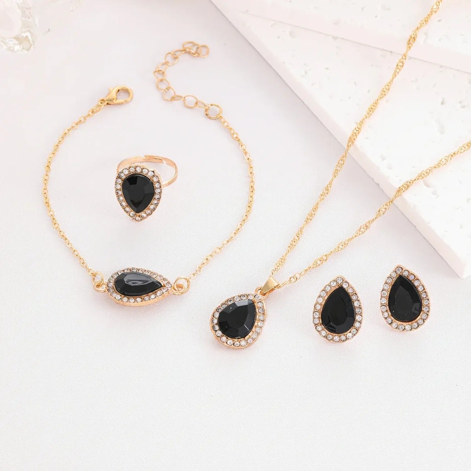 Water-Drop Rhinestone Bridal Necklace, Earrings & Ring Set