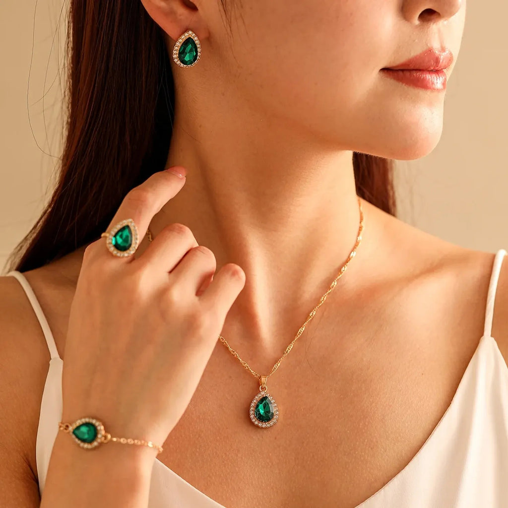 Water-Drop Rhinestone Bridal Necklace, Earrings & Ring Set