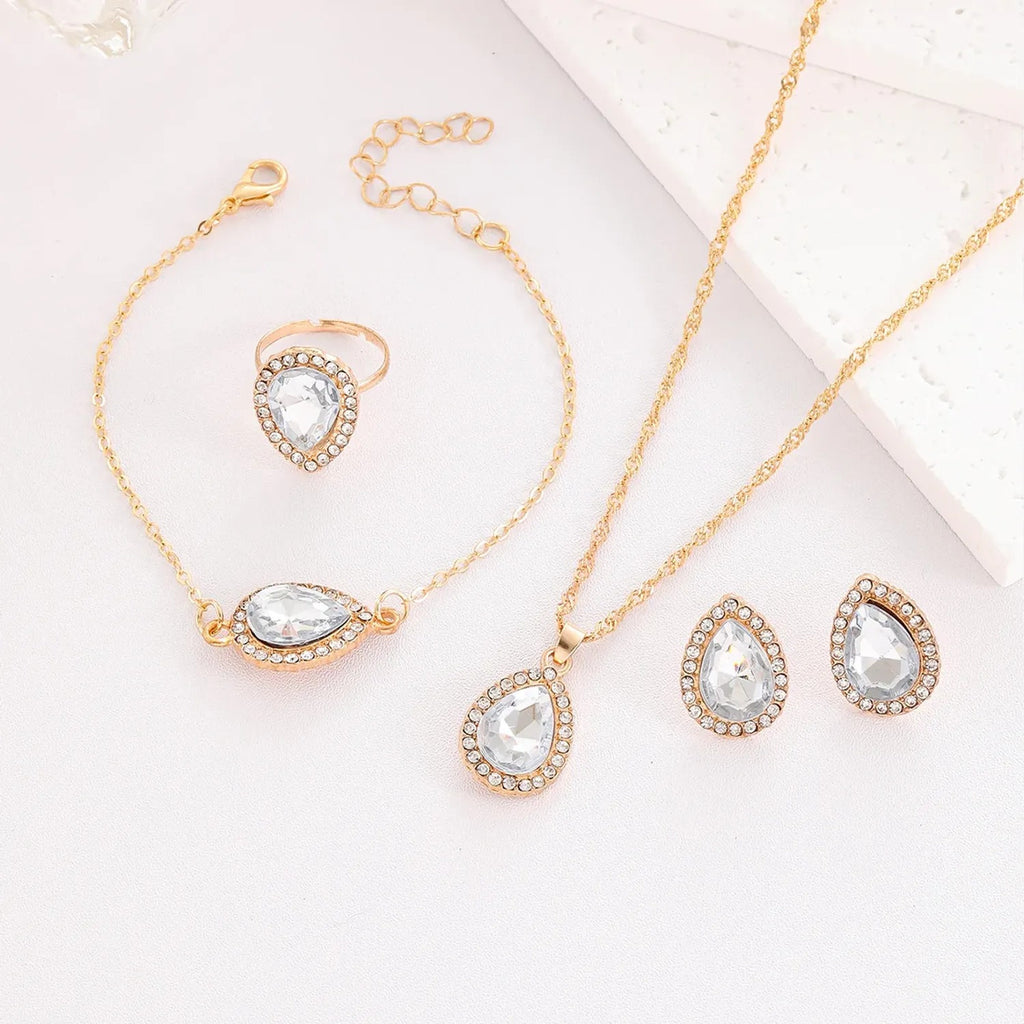 Water-Drop Rhinestone Bridal Necklace, Earrings & Ring Set