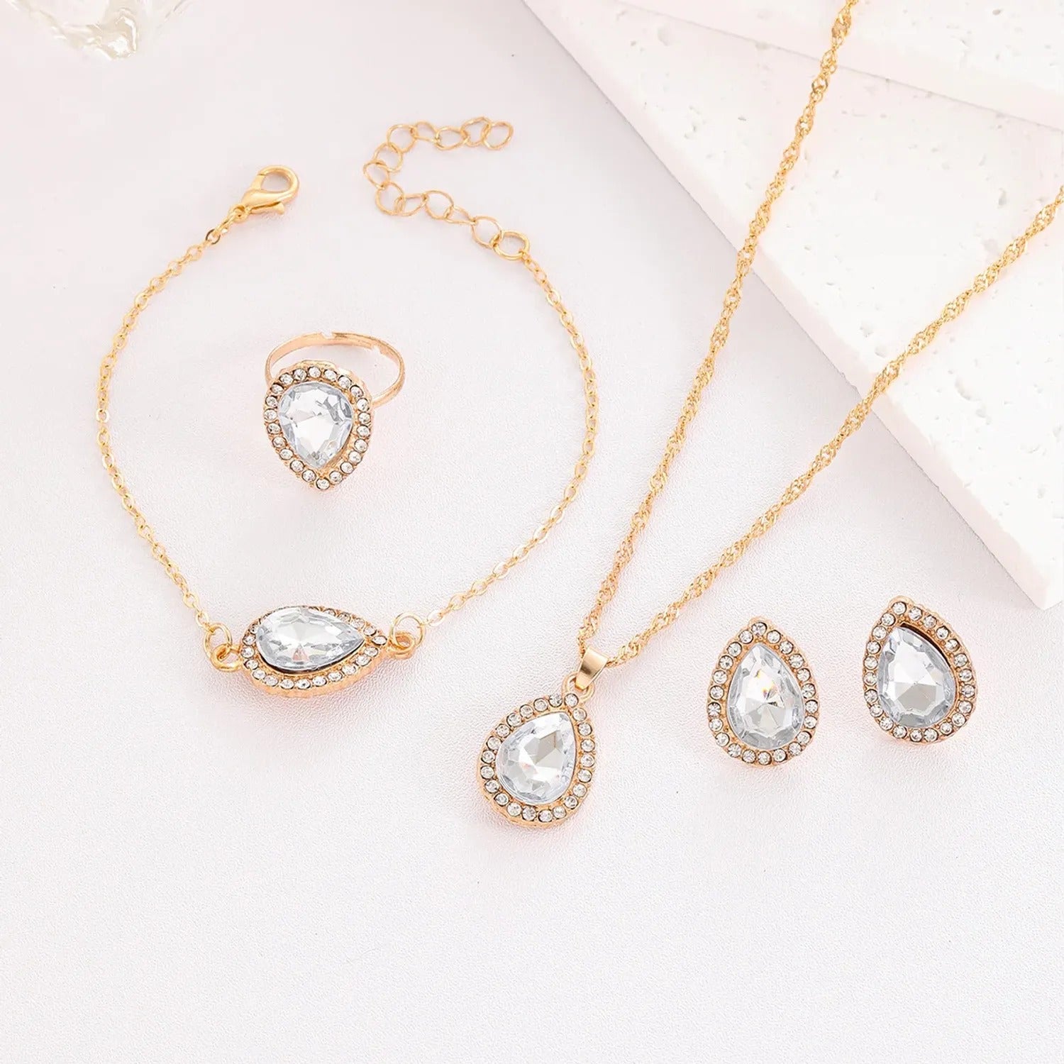 Water-Drop Rhinestone Bridal Necklace, Earrings & Ring Set