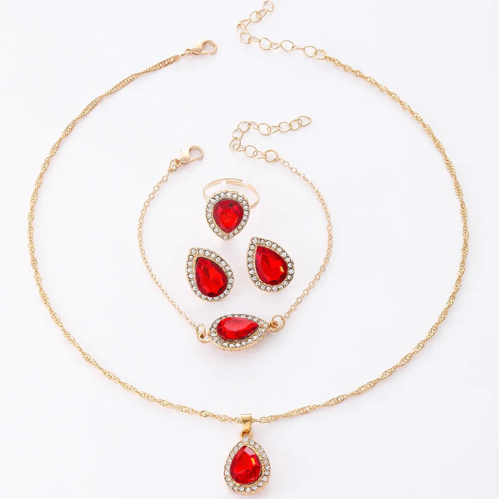 Water-Drop Rhinestone Bridal Necklace, Earrings & Ring Set