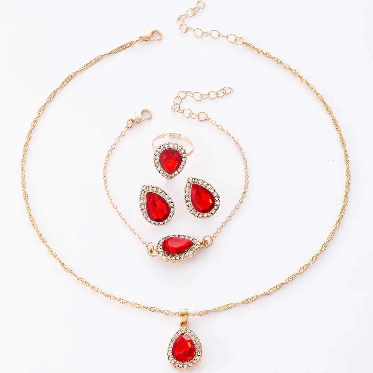 Water-Drop Rhinestone Bridal Necklace, Earrings & Ring Set