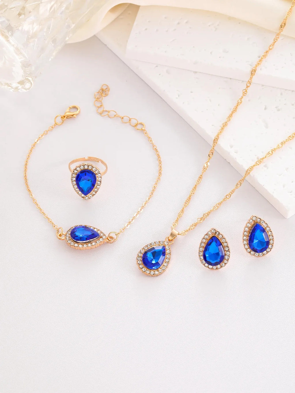 Water-Drop Rhinestone Bridal Necklace, Earrings & Ring Set