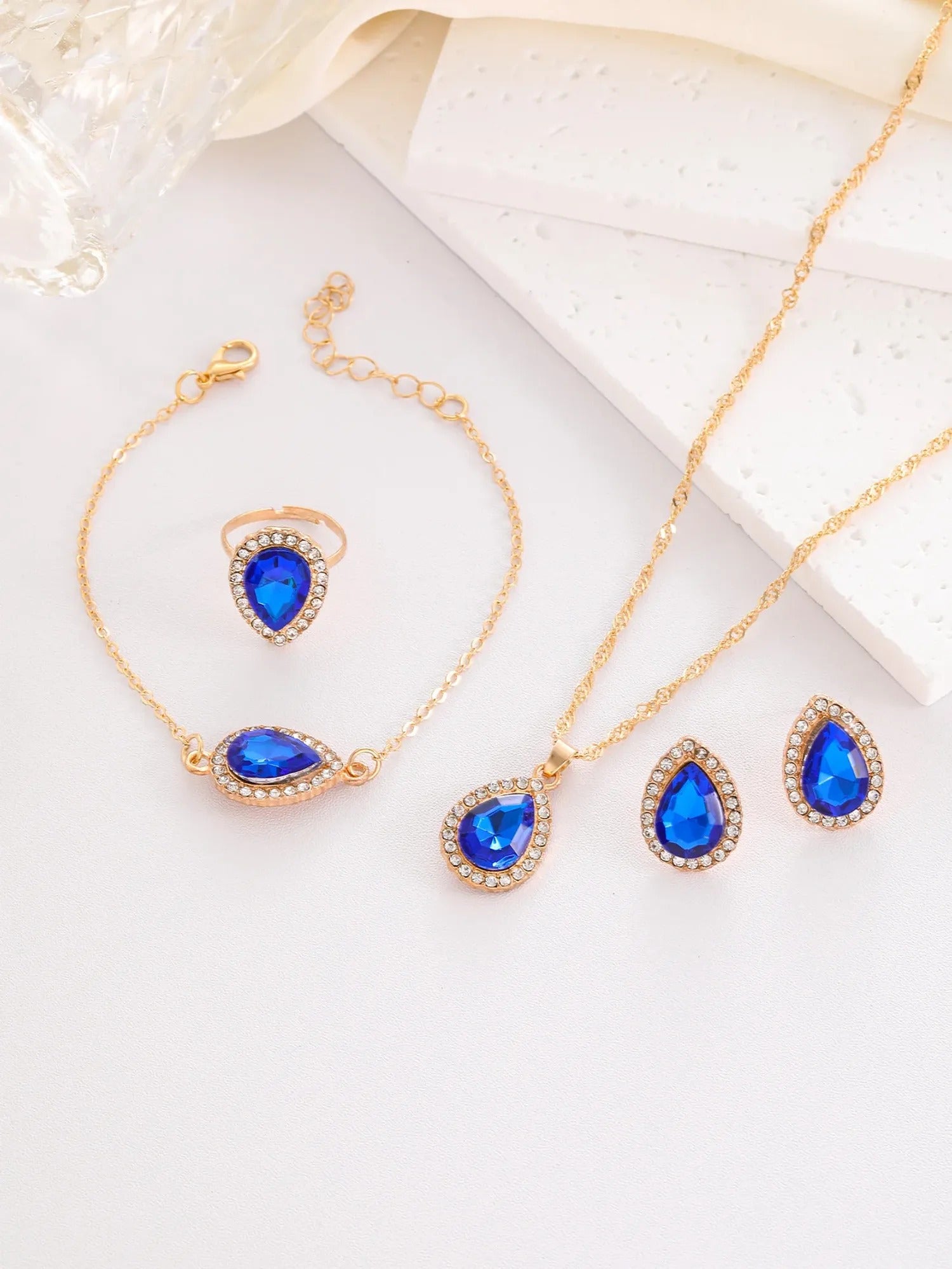 Water-Drop Rhinestone Bridal Necklace, Earrings & Ring Set