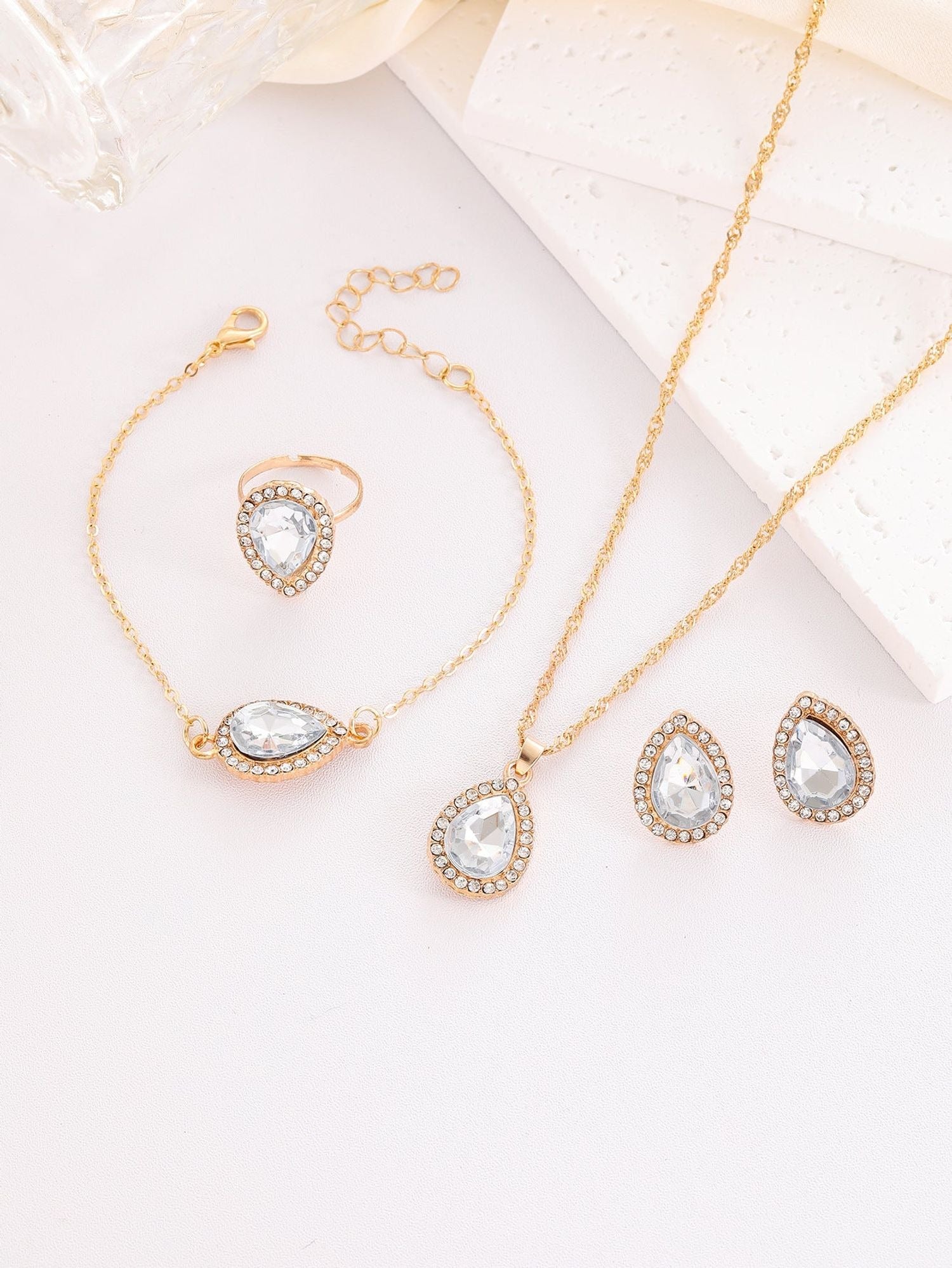 Water-Drop Rhinestone Bridal Necklace, Earrings & Ring Set