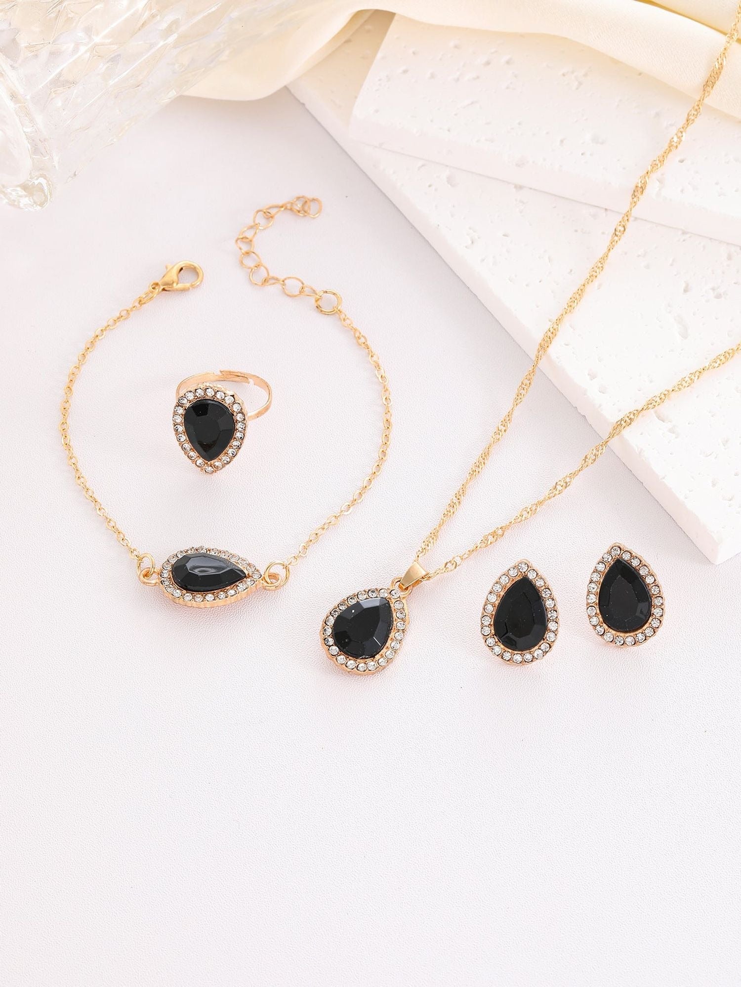 Water-Drop Rhinestone Bridal Necklace, Earrings & Ring Set