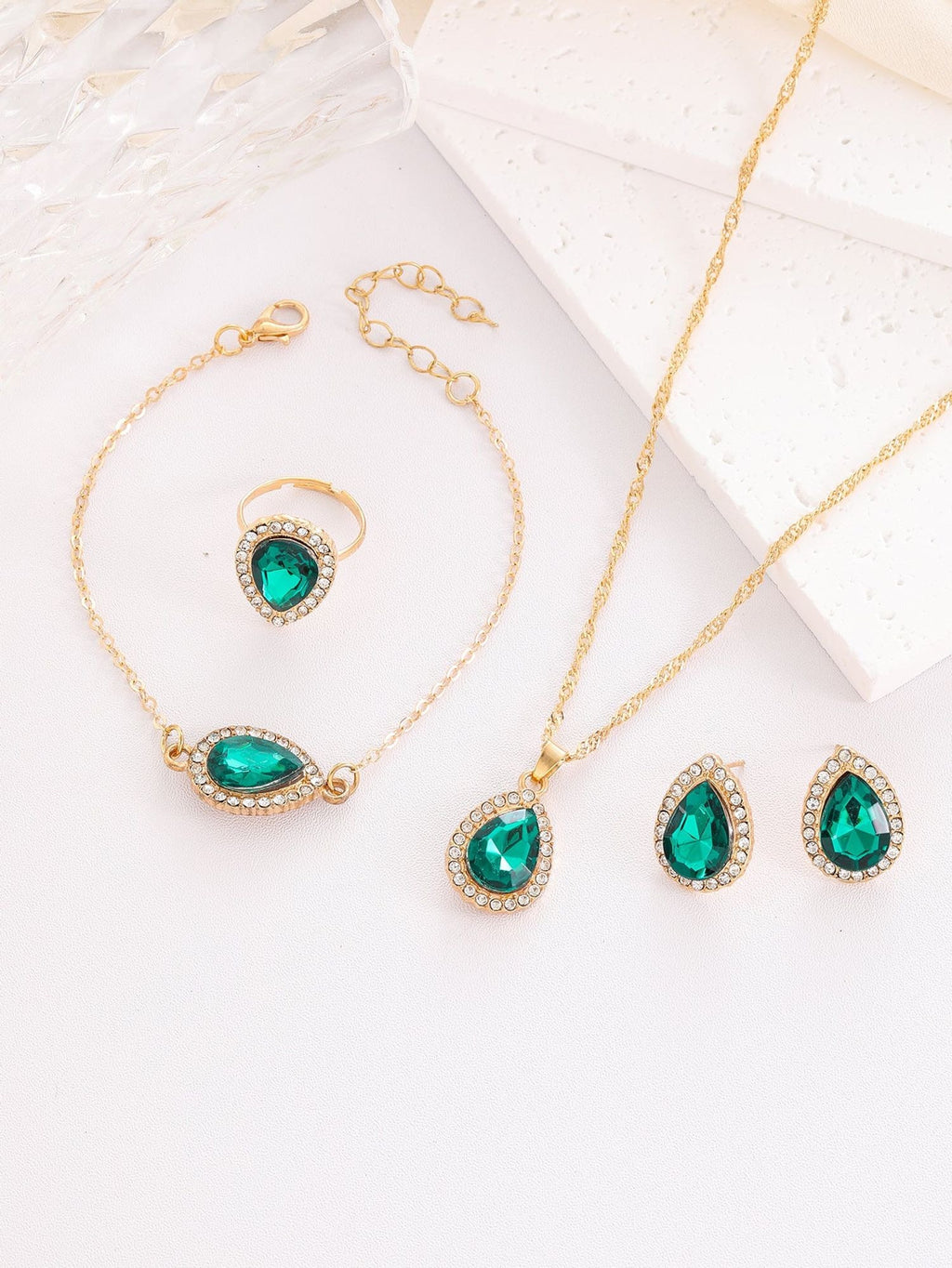 Water-Drop Rhinestone Bridal Necklace, Earrings & Ring Set