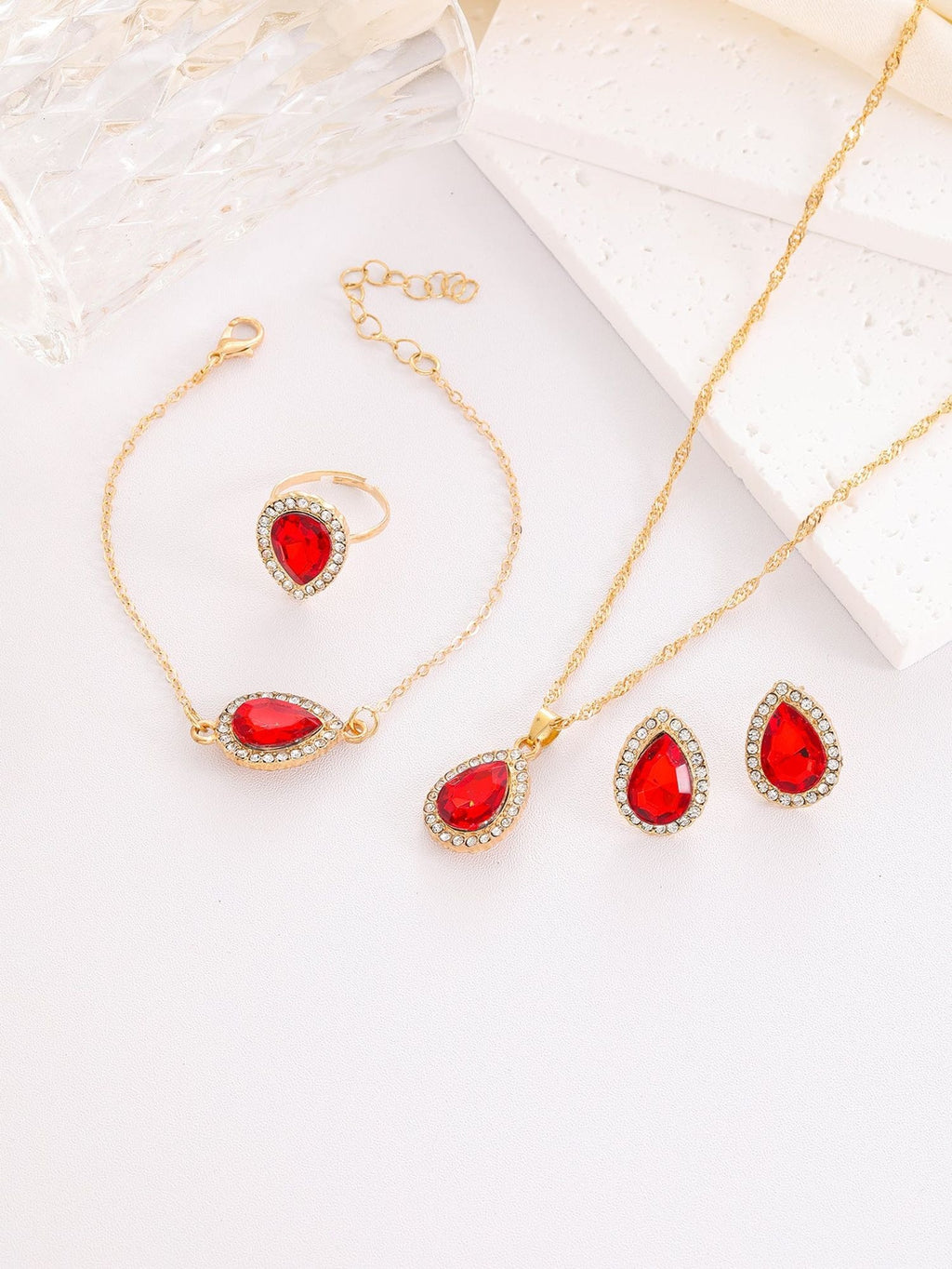 Water-Drop Rhinestone Bridal Necklace, Earrings & Ring Set