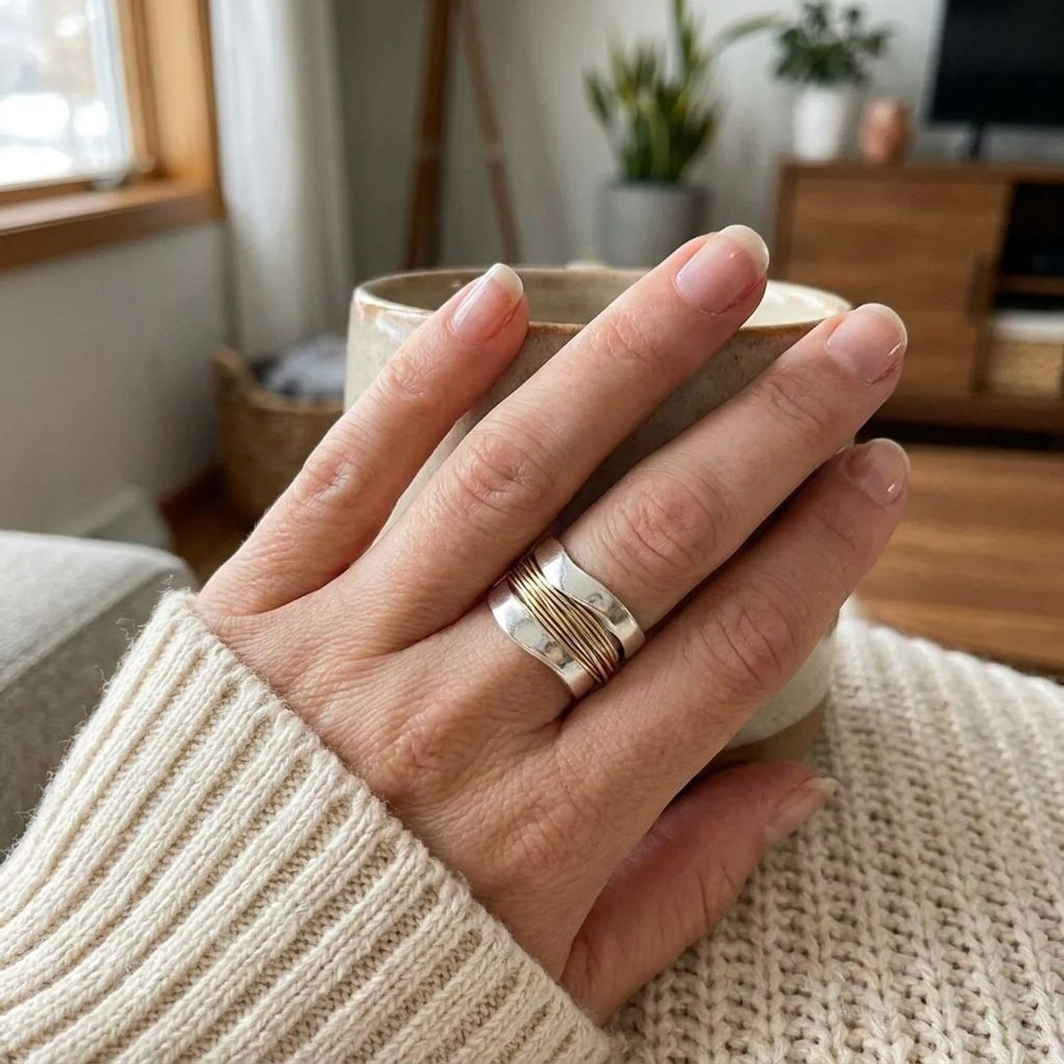 Wide Silver Gold Wire Band Ring — lifestyle