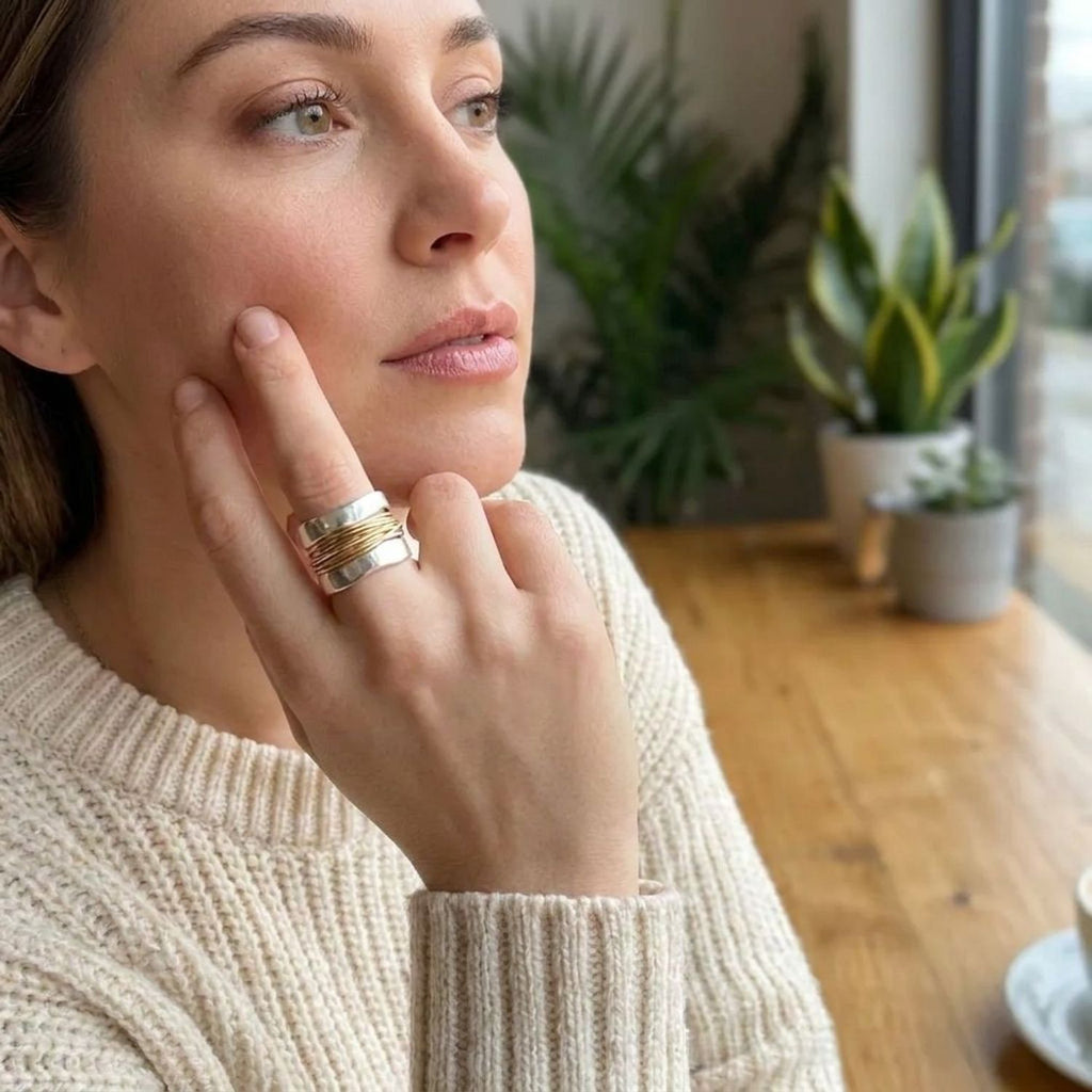 Wide Silver Gold Wire Band Ring — lifestyle