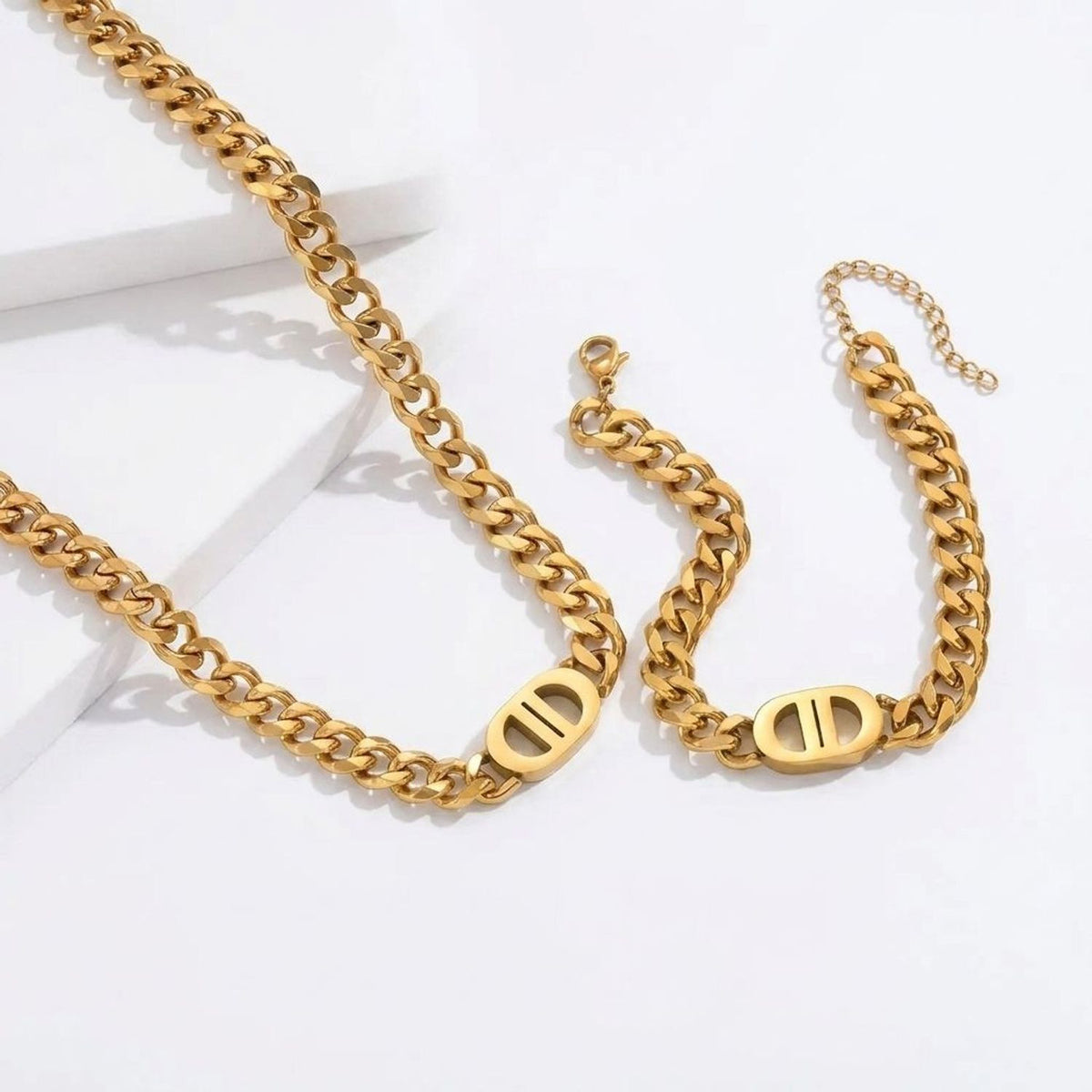 Women's Cuban Link Jewelry Set Geometric Hip Hop Necklace & Bracelet