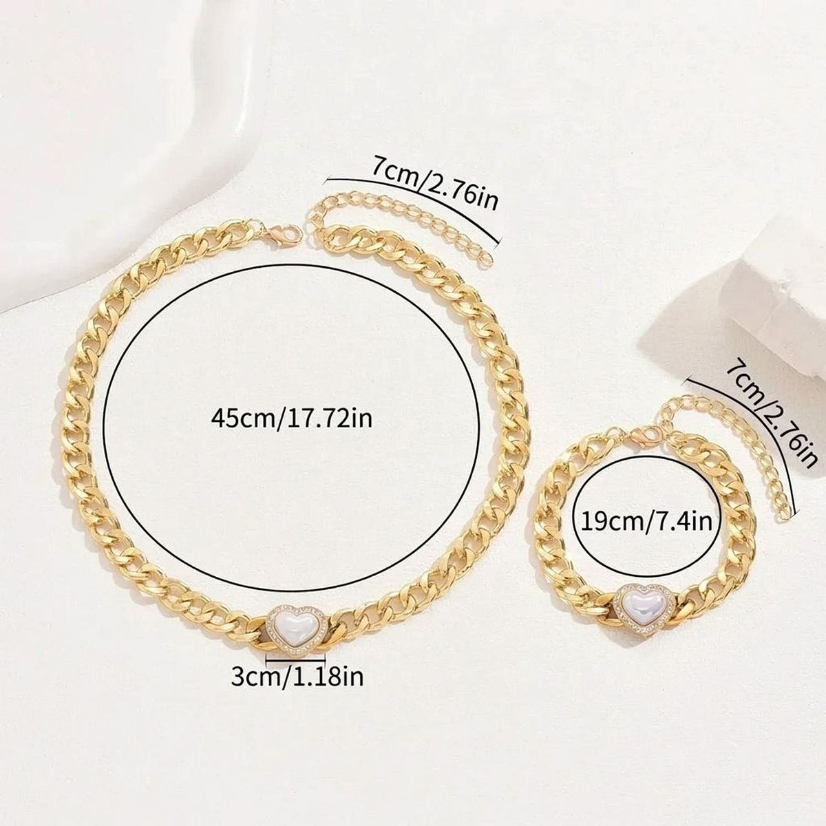 Women's Cubic Zirconia Heart Jewelry Set - Clavicle Chain & Bracelet (Alternative to Permanent Jewelry)