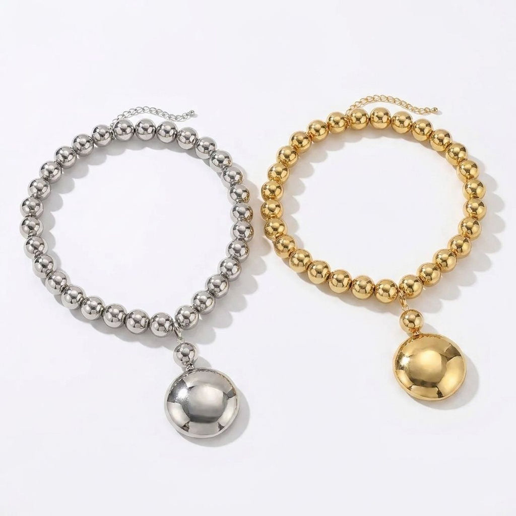 Women's Cyberpunk Geometric Beaded Choker Necklace, Metallic Zinc Alloy Round Bead Chain — all variants