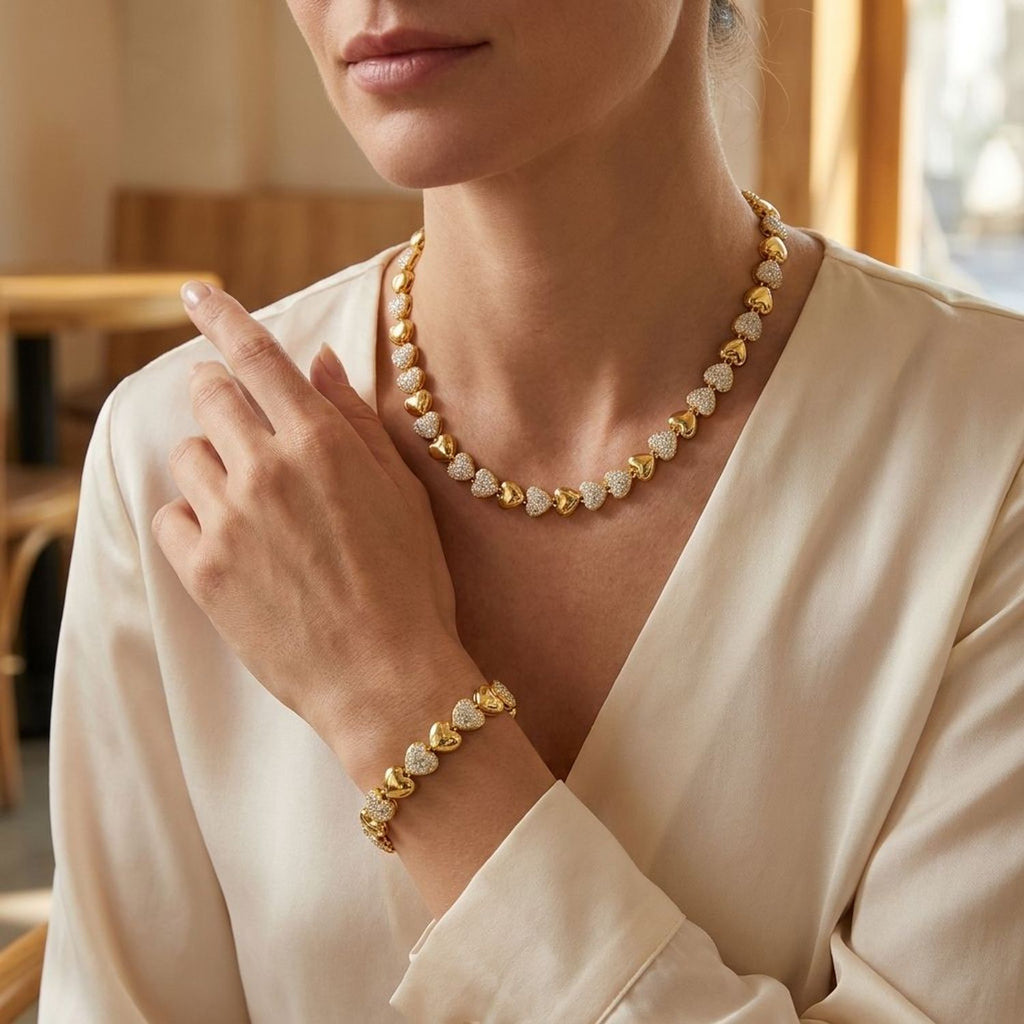 Women's Heart Patchwork CZ Jewelry Set - Gold & White Gold Plated Copper Necklace & Bracelet