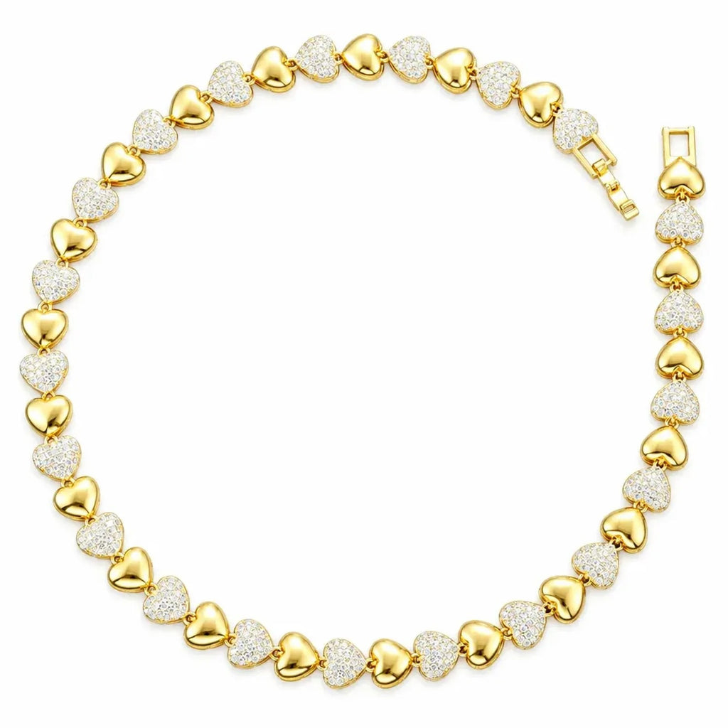 Women's Heart Patchwork CZ Jewelry Set - Gold & White Gold Plated Copper Necklace & Bracelet