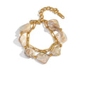 Women's Natural Shell Bead Double Layer Necklace and Bracelet Jewelry Set - Gold Plated Stainless Steel