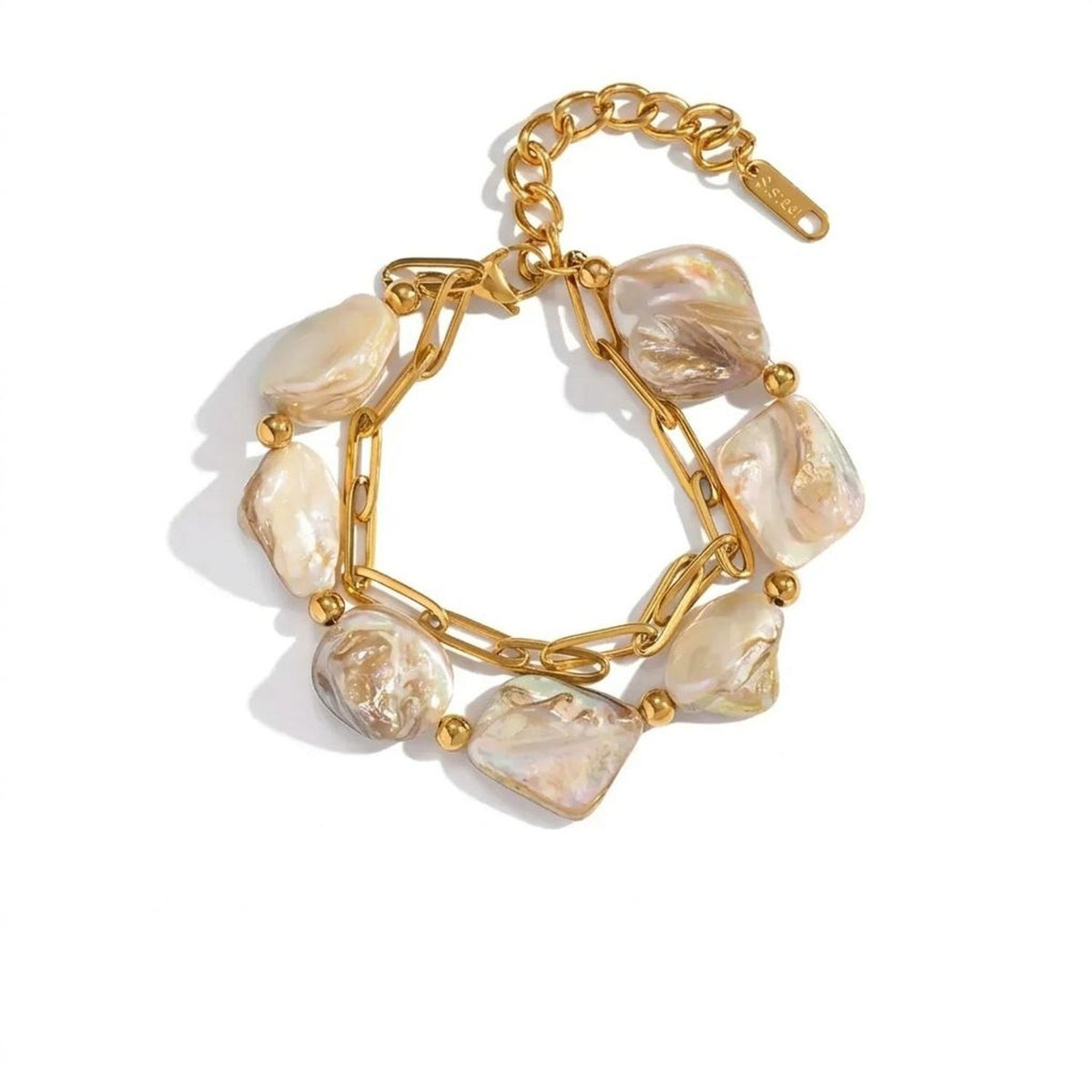 Women's Natural Shell Bead Double Layer Necklace and Bracelet Jewelry Set - Gold Plated Stainless Steel
