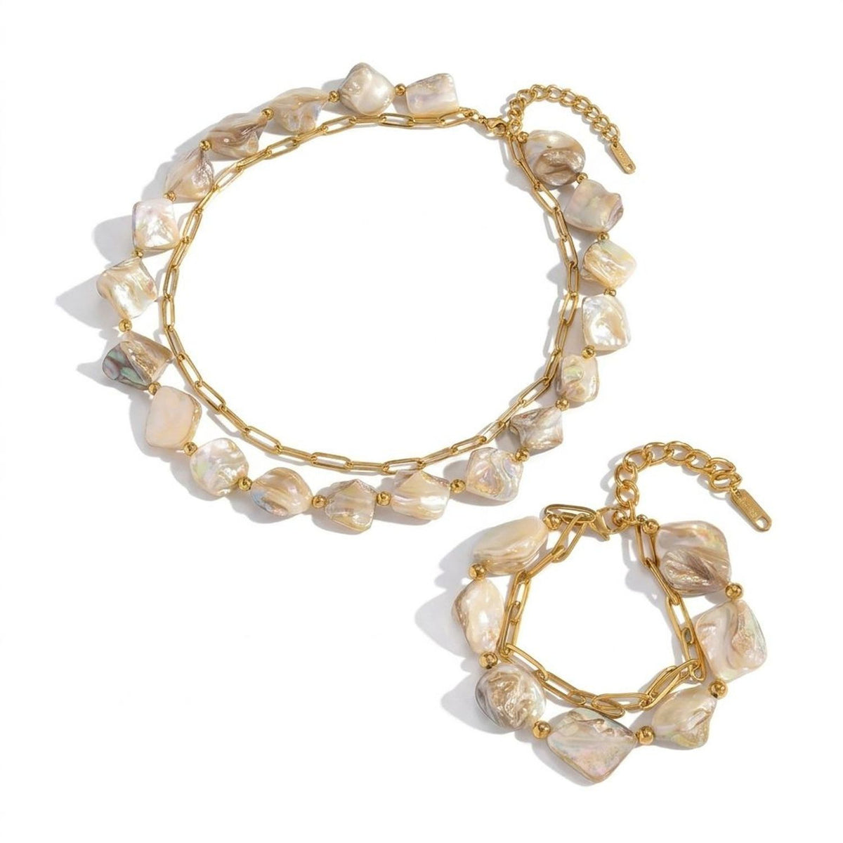 Women's Natural Shell Bead Double Layer Necklace and Bracelet Jewelry Set - Gold Plated Stainless Steel — all variants