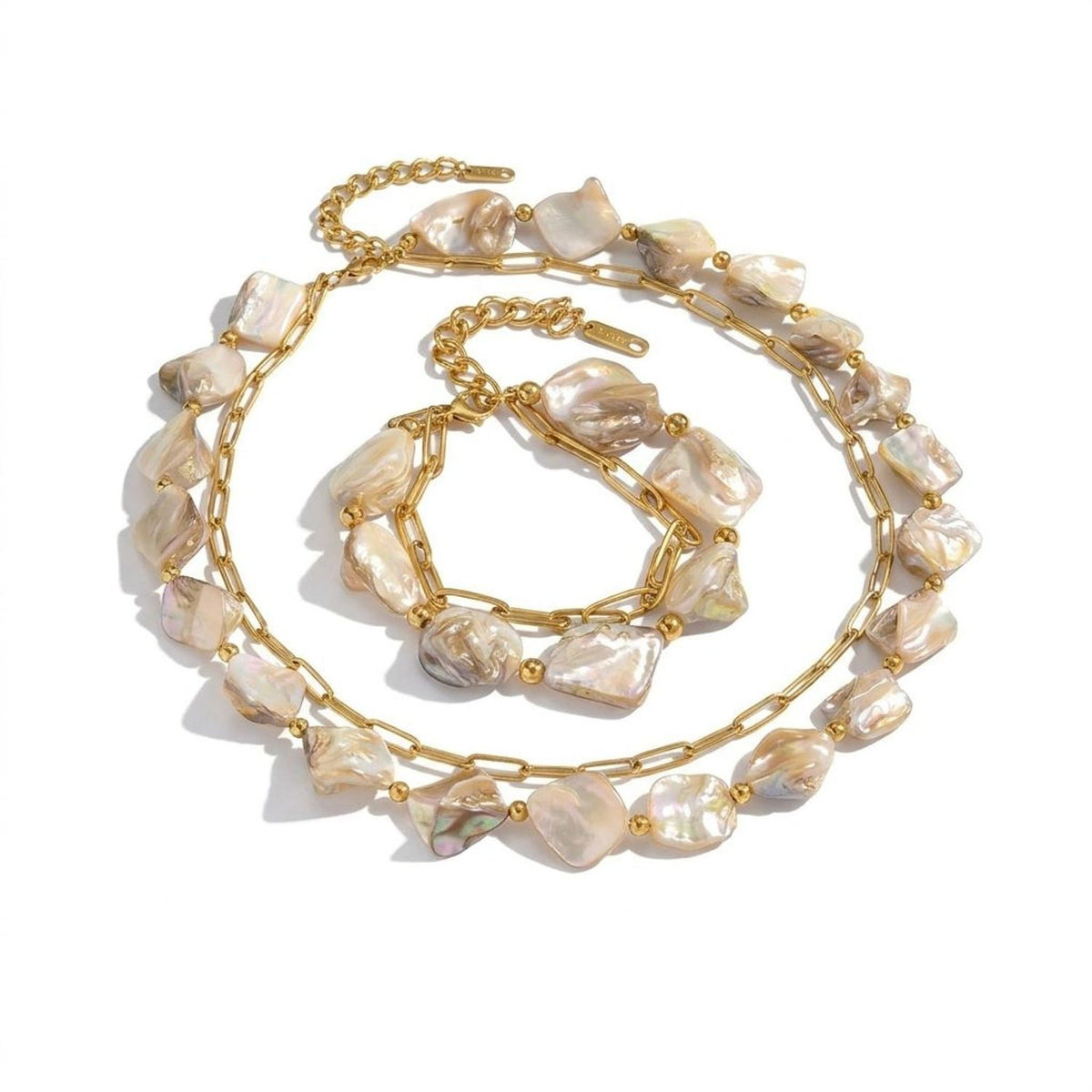 Women's Natural Shell Bead Double Layer Necklace and Bracelet Jewelry Set - Gold Plated Stainless Steel — all variants