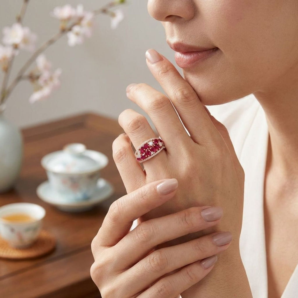 Women's Red Corundum Chinese-Style Open Ring, Gold Electroplated Copper — lifestyle