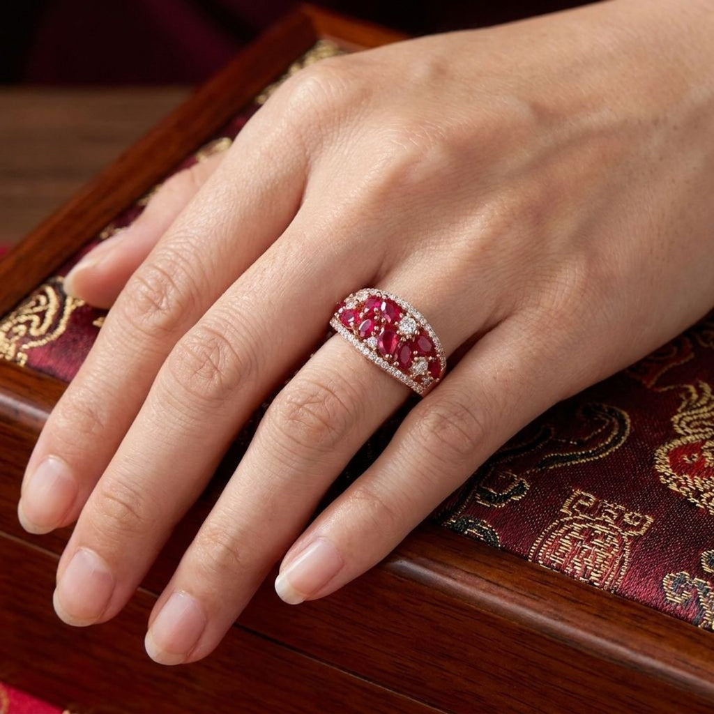 Women's Red Corundum Chinese-Style Open Ring, Gold Electroplated Copper — lifestyle