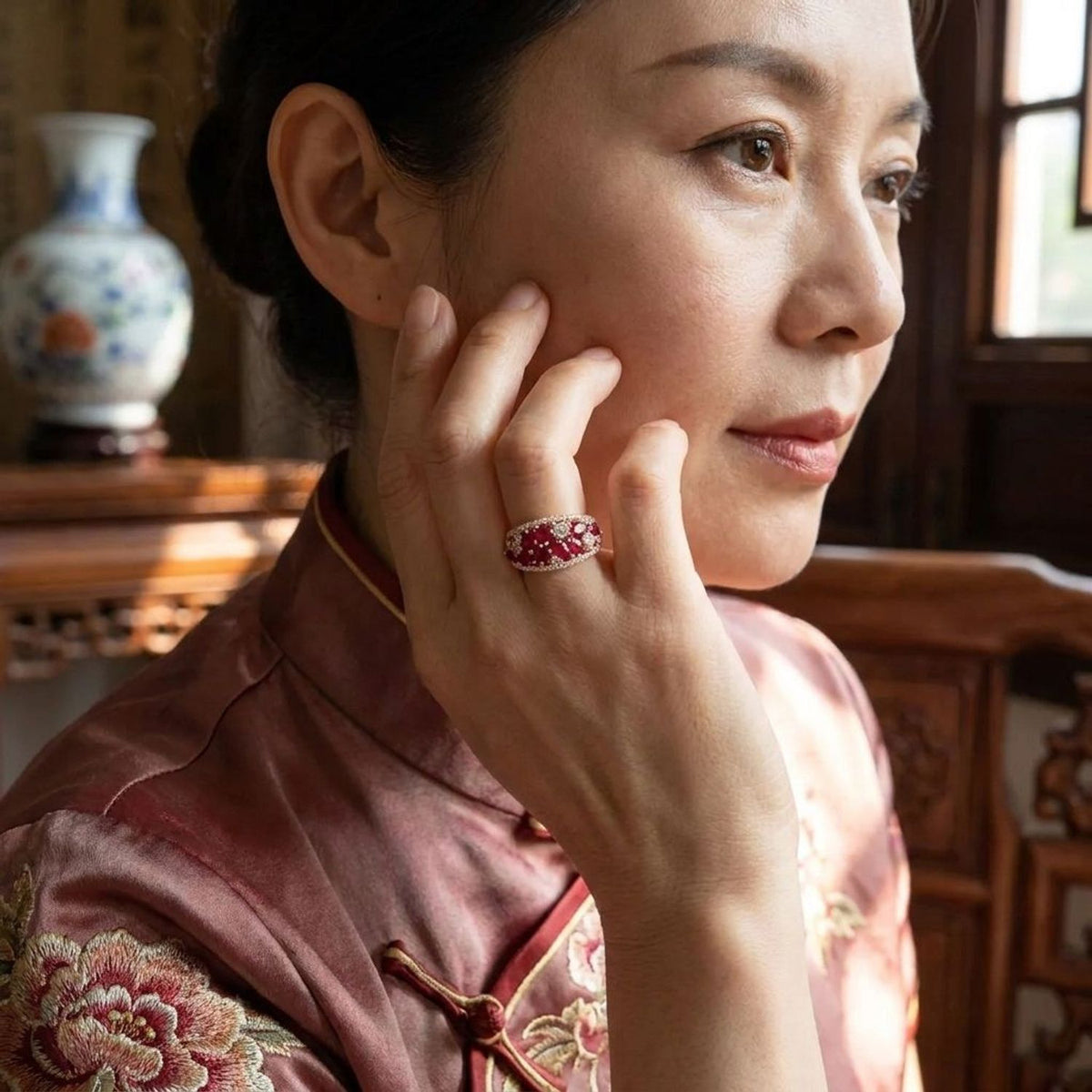 Women's Red Corundum Chinese-Style Open Ring, Gold Electroplated Copper — lifestyle