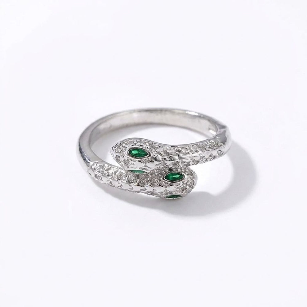 Women's Sparkling Double-Headed Snake Index Finger Ring - Silver Tone Adjustable Ring