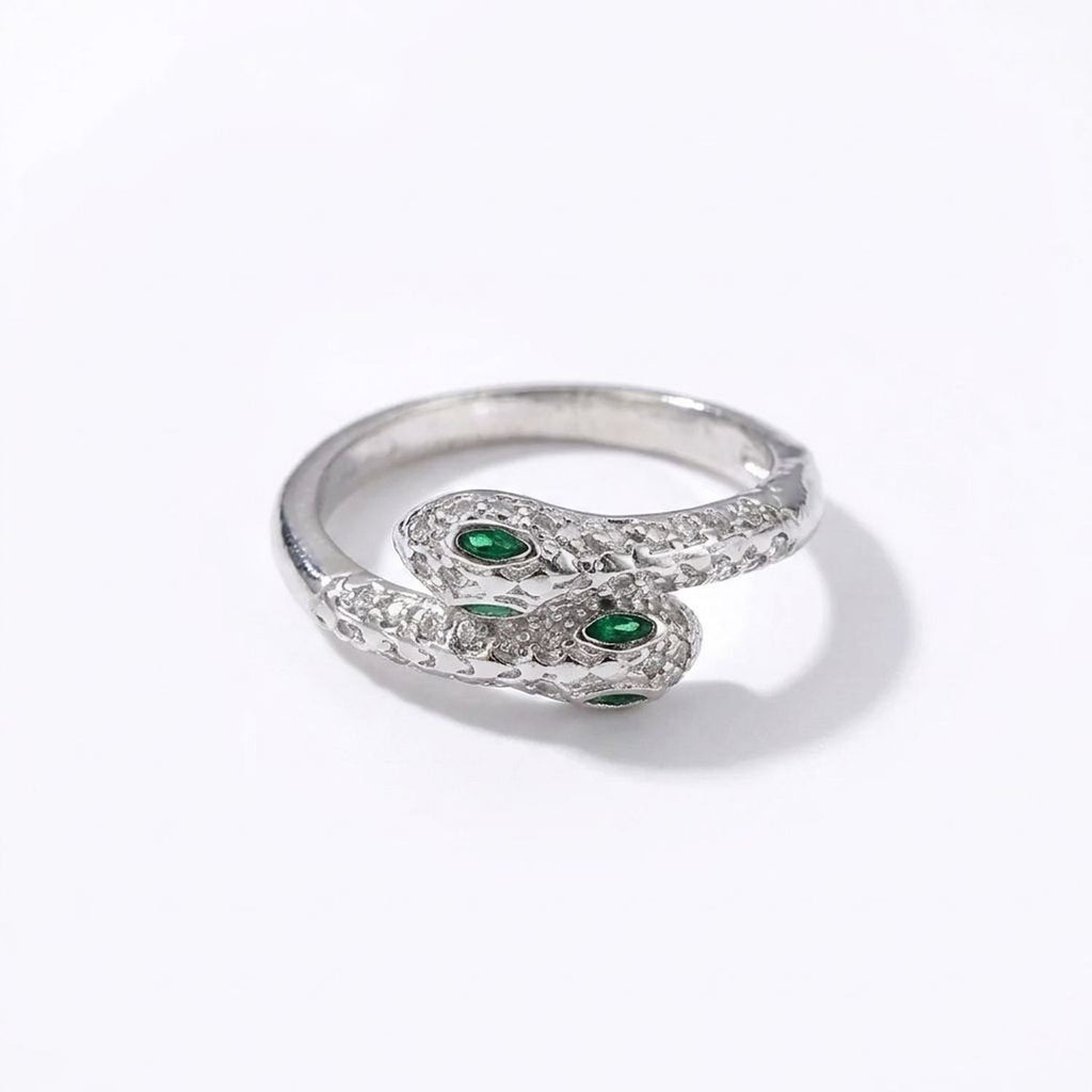 Women's Sparkling Double-Headed Snake Index Finger Ring - Silver Tone Adjustable Ring