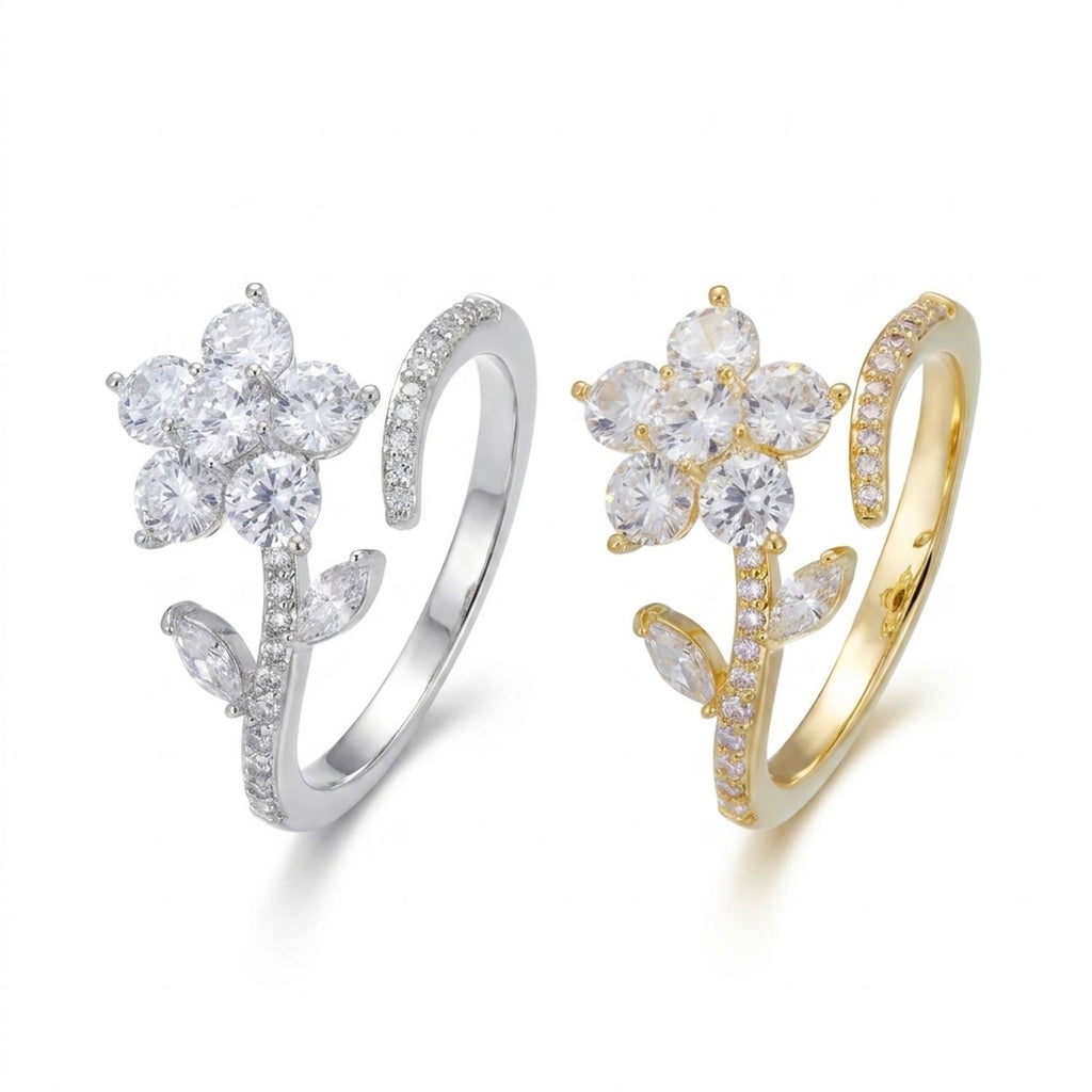 Women's Spinning Flower Open Ring Micro-Pave Cubic Zirconia Adjustable Band — all variants