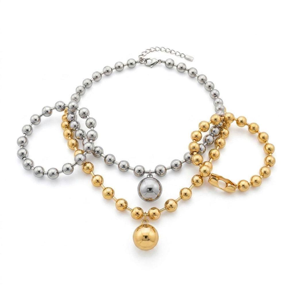 Women's Stainless Steel Spherical Bead Chain Necklace & Bracelet Gold Jewelry — all variants