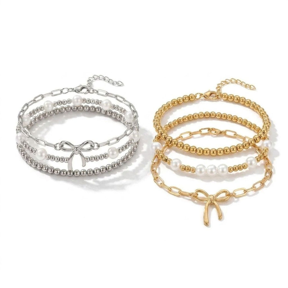 Woven Faux Pearl Bracelets for Women, Geometric Bowknot Set — all variants
