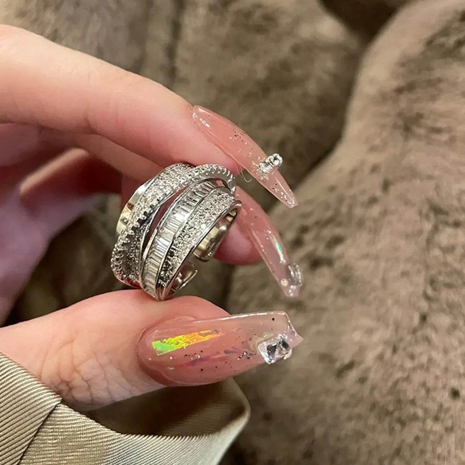 YIWEI STUDIO — Silver Zircon Wrap Ring — Adjustable Electroplated Copper Ring for Women