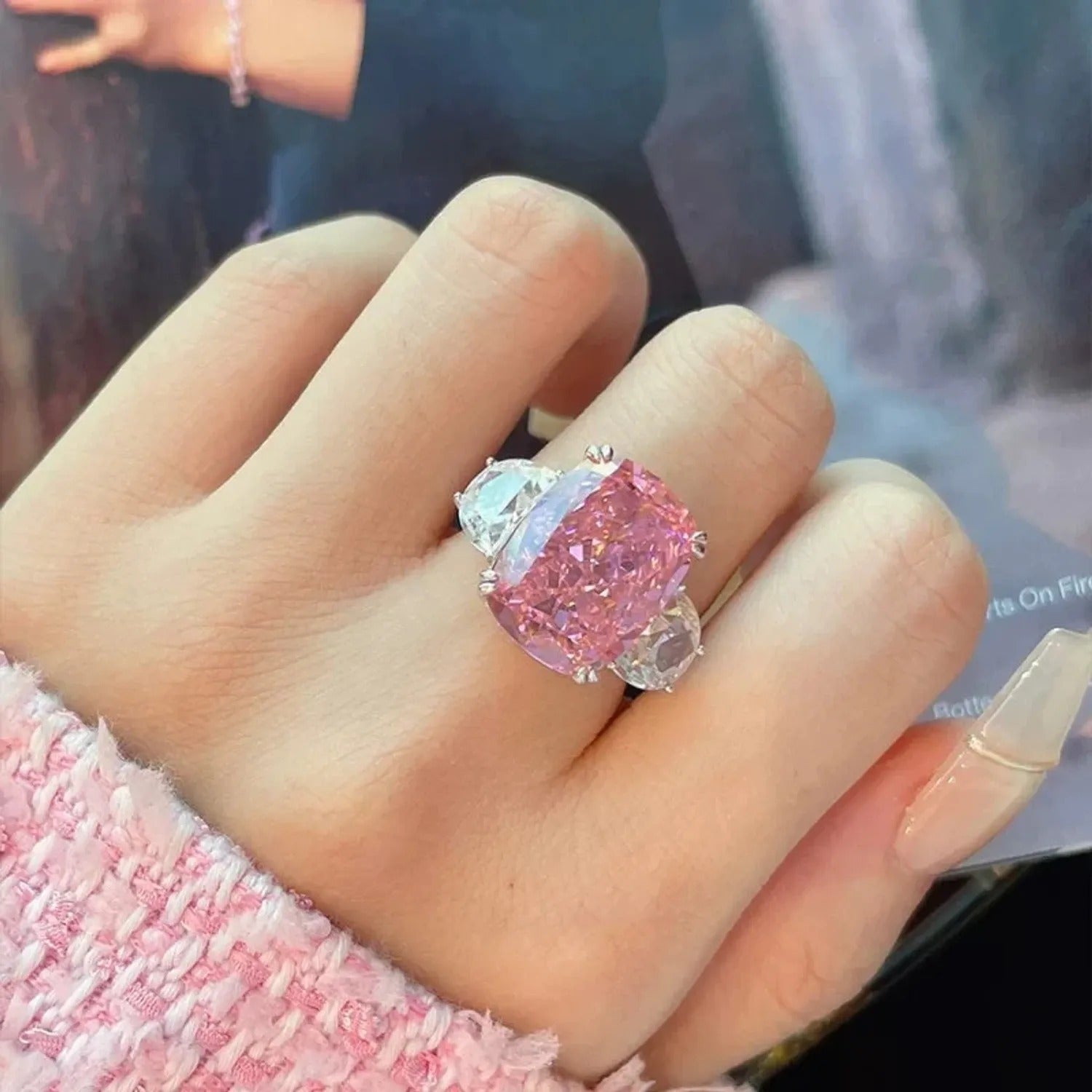 Zhenxin Radiant Cut Pink Zirconia Statement Ring
